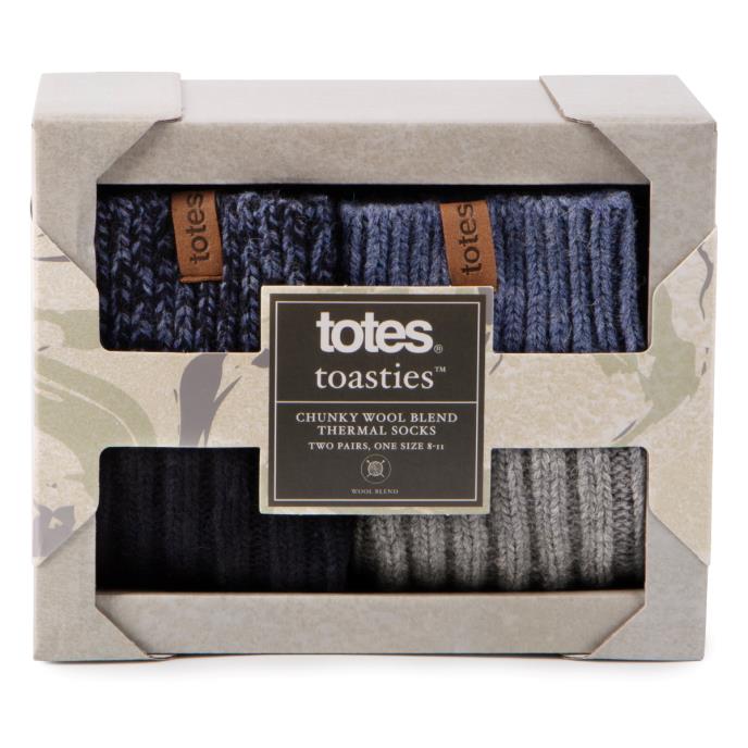 totes toasties® Mens Chunky Twist Wool Blend Boot Socks (Twin Pack) Navy / Grey Extra Image 6